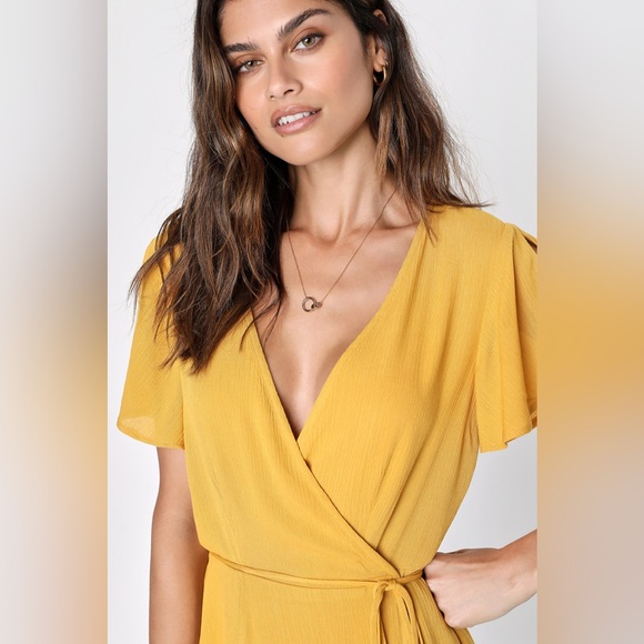 Lulus Mustard Yellow Wrap Dress Size M - Picture 7 of 14